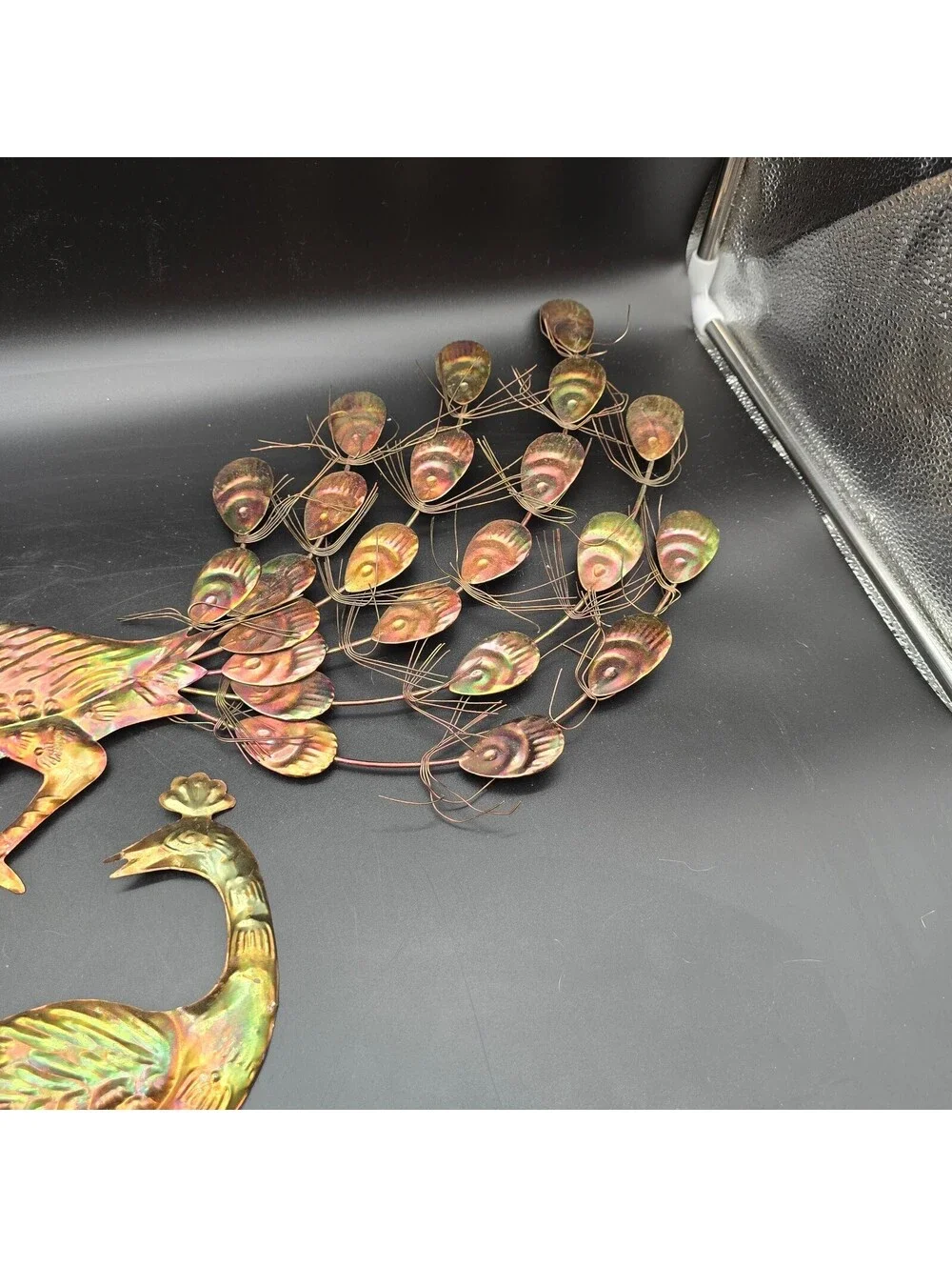 Vintage MCM Metal Peacock Wall Art Pair Flame Cut Finish 1970s